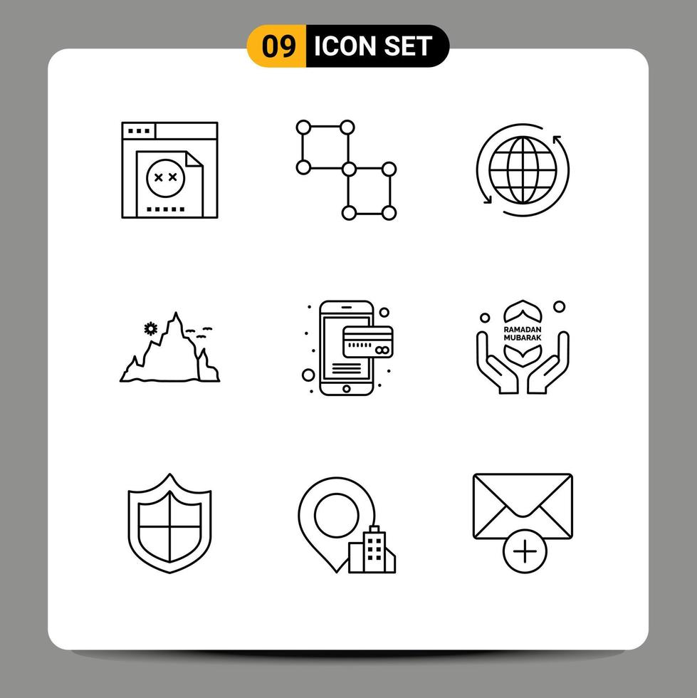 Mobile Interface Outline Set of 9 Pictograms of card nature globe hill mountain Editable Vector Design Elements