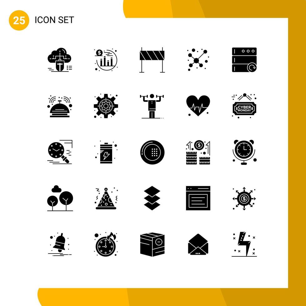 Mobile Interface Solid Glyph Set of 25 Pictograms of reload science barrier molecule road Editable Vector Design Elements