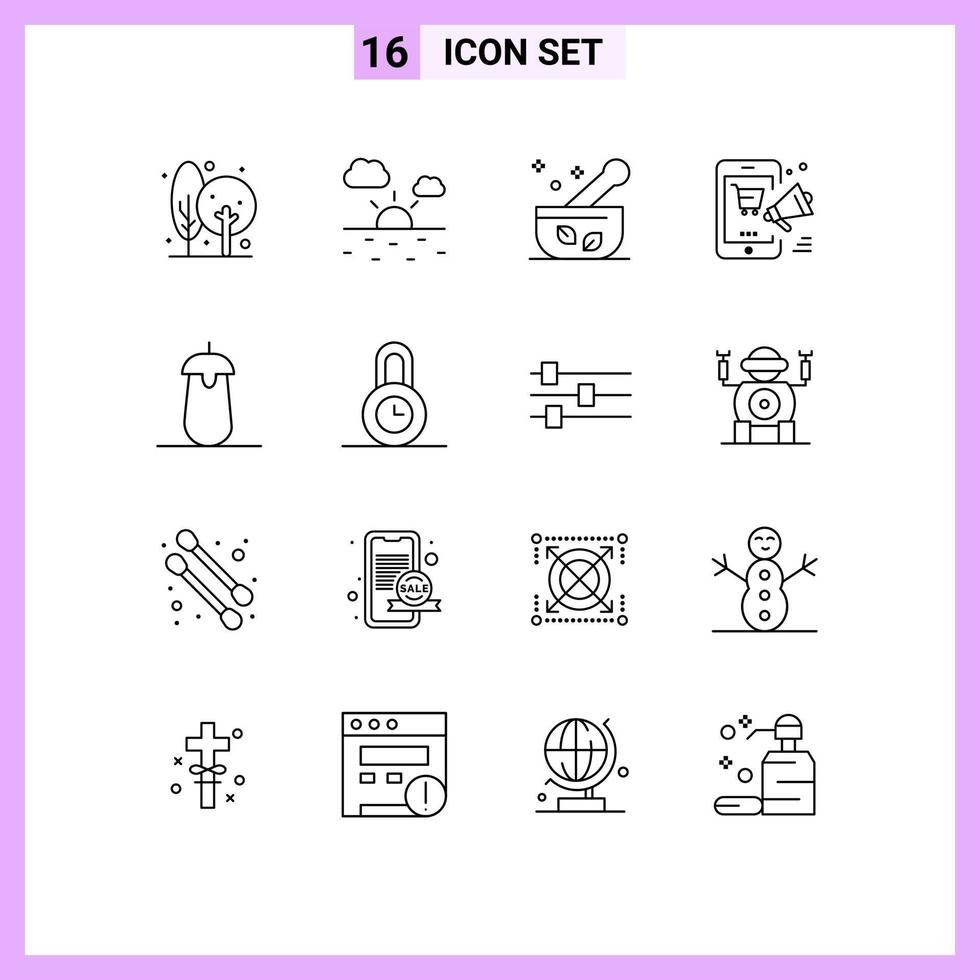 Modern Set of 16 Outlines and symbols such as brinjal discount hospital shopping promotion Editable Vector Design Elements
