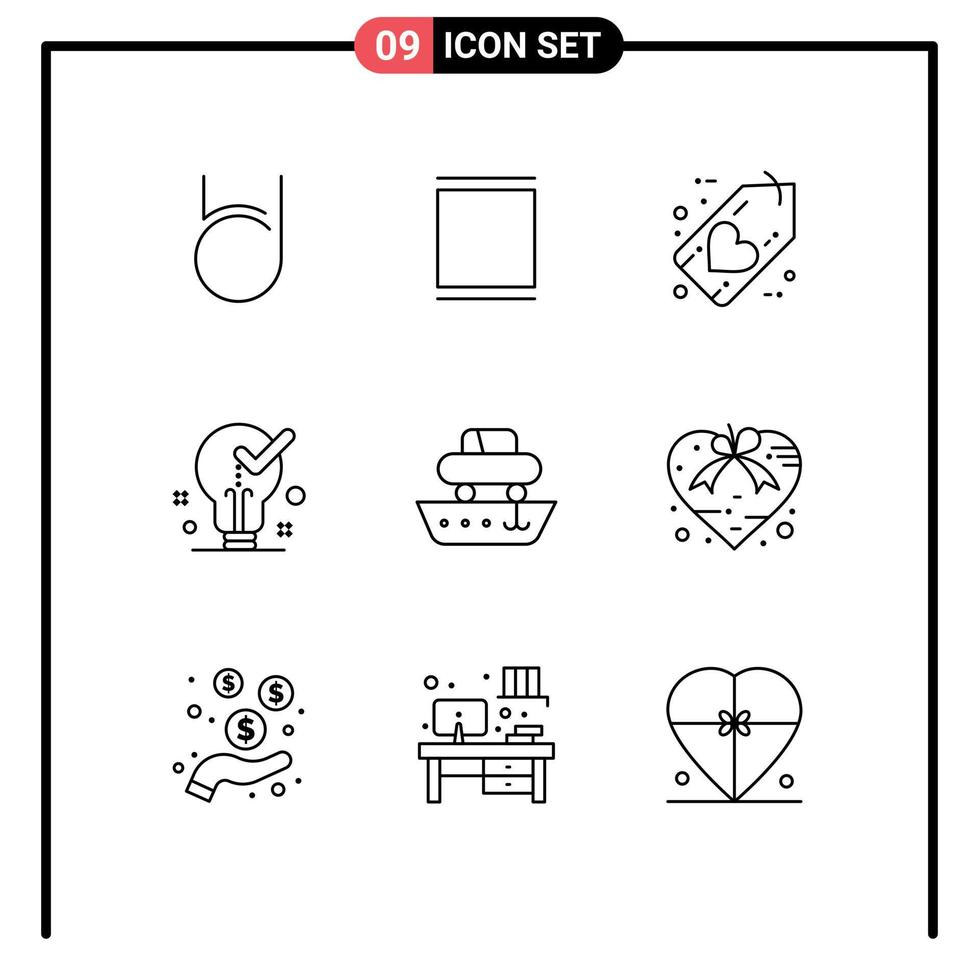 paquete de 9 signos y símbolos de contornos modernos para medios de impresión web, como la luz de garrapata, la idea negra, el amor, los elementos de diseño de vectores editables