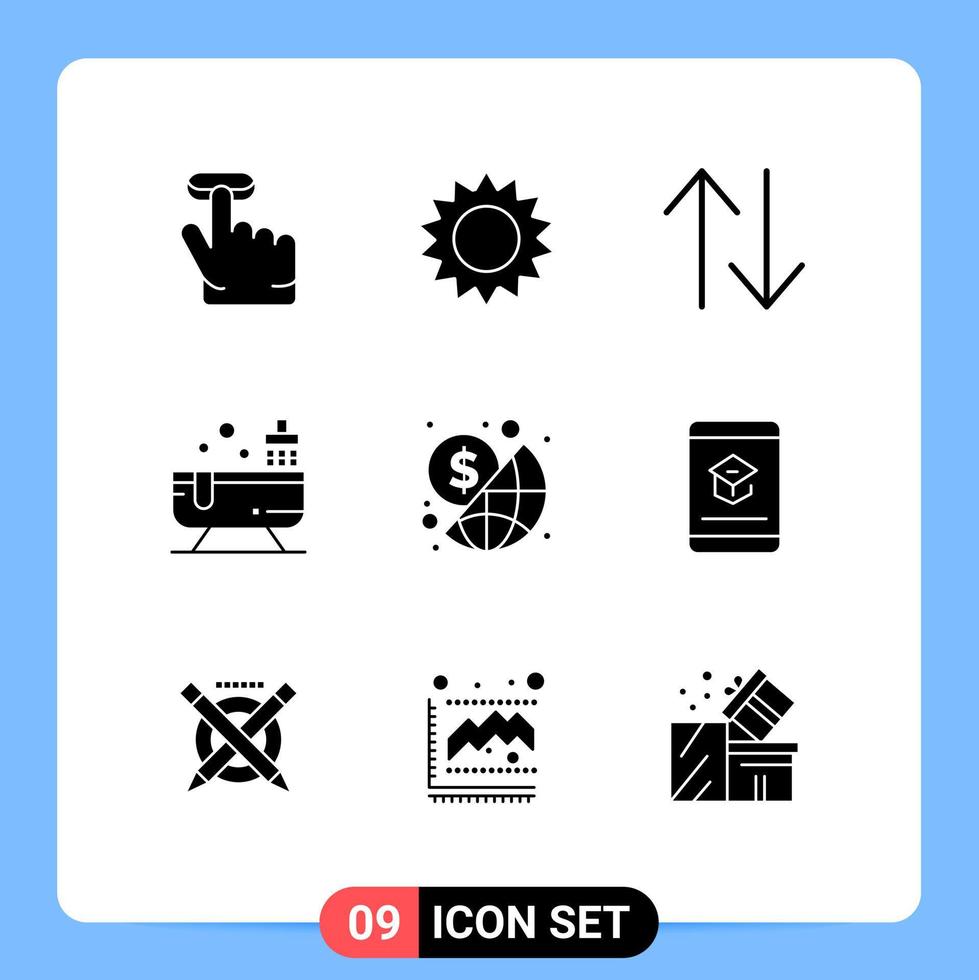 Set of 9 Modern UI Icons Symbols Signs for money global change business shower Editable Vector Design Elements