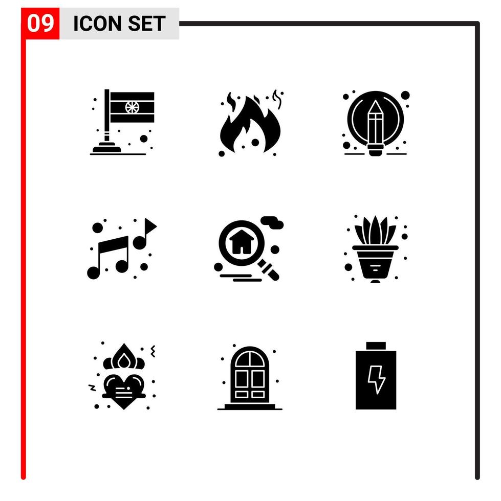 Group of 9 Solid Glyphs Signs and Symbols for plant real estate pen search sound Editable Vector Design Elements