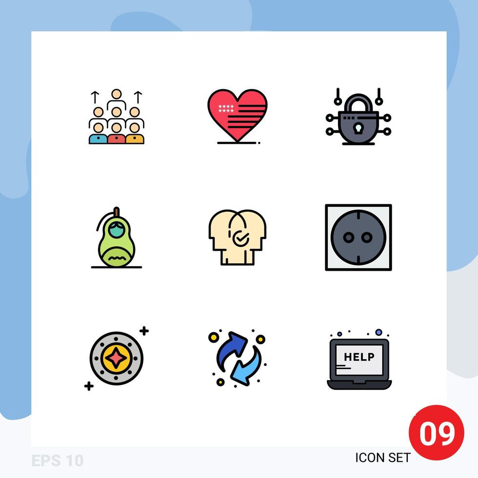 Set of 9 Vector Filledline Flat Colors on Grid for matrioshka fraud heart network security internet Editable Vector Design Elements