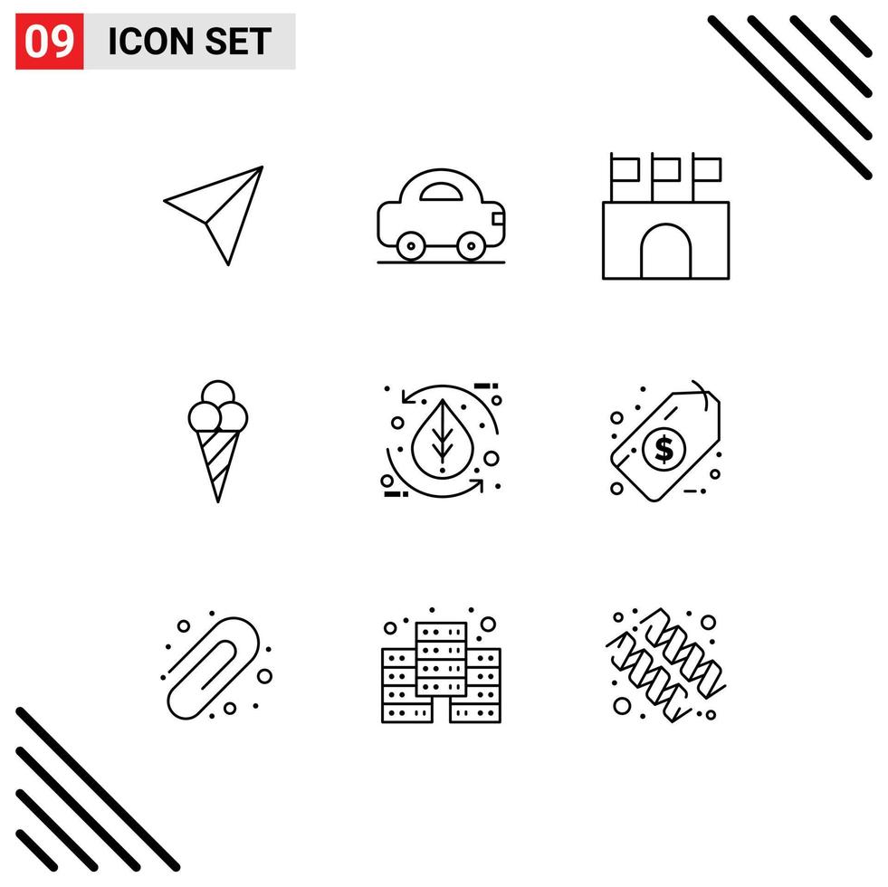 conjunto de 9 iconos modernos de la interfaz de usuario símbolos signos para el medio ambiente hoja banderas cono playa elementos de diseño vectorial editables vector