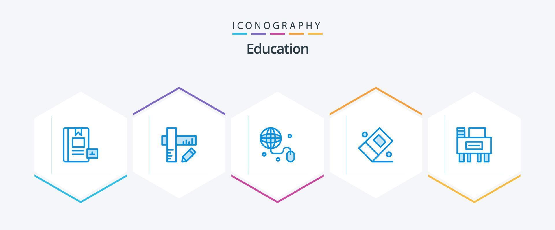 educación 25 paquete de iconos azules que incluye escritorio. estacionario. borrador. vector