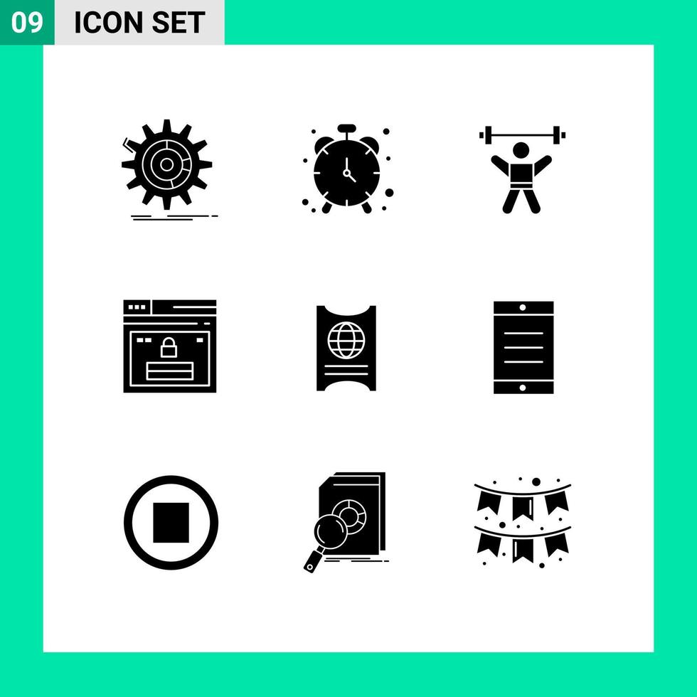 Set of 9 Commercial Solid Glyphs pack for website page timepiece internet fitness Editable Vector Design Elements