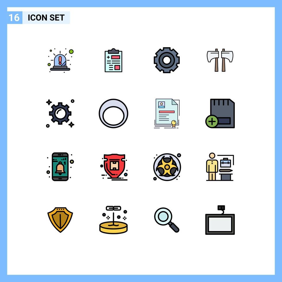 16 Thematic Vector Flat Color Filled Lines and Editable Symbols of tool chop healthcare axe setting Editable Creative Vector Design Elements