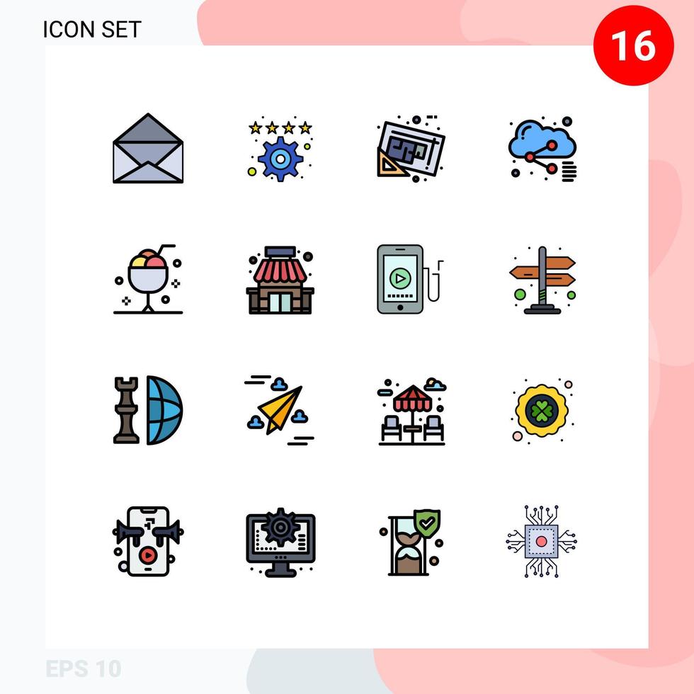 Group of 16 Modern Flat Color Filled Lines Set for dessert sharing document share cloud Editable Creative Vector Design Elements
