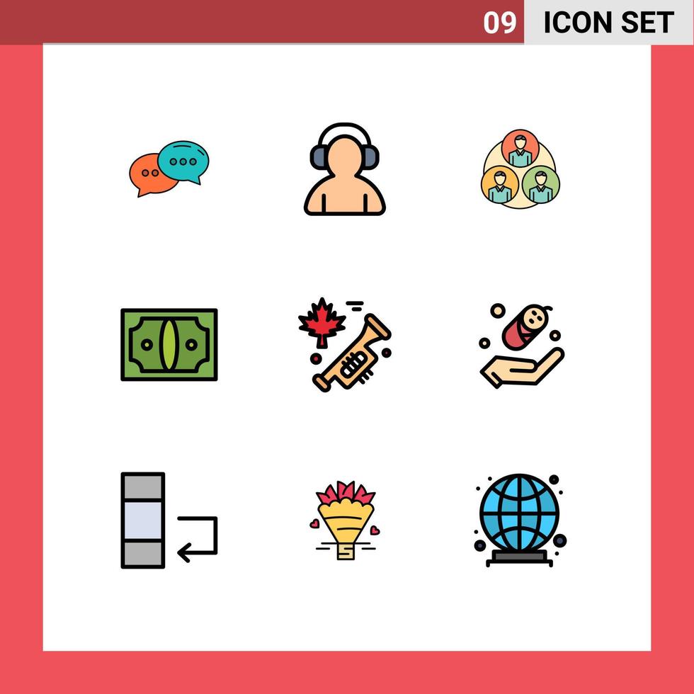 paquete de 9 signos y símbolos de colores planos de línea de relleno modernos para medios de impresión web, como elementos de diseño de vectores editables de negocio de financiación del personal de dinero del orador