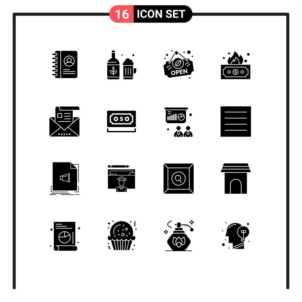 Pictogram Set of 16 Simple Solid Glyphs of envelope communication shop address income Editable Vector Design Elements