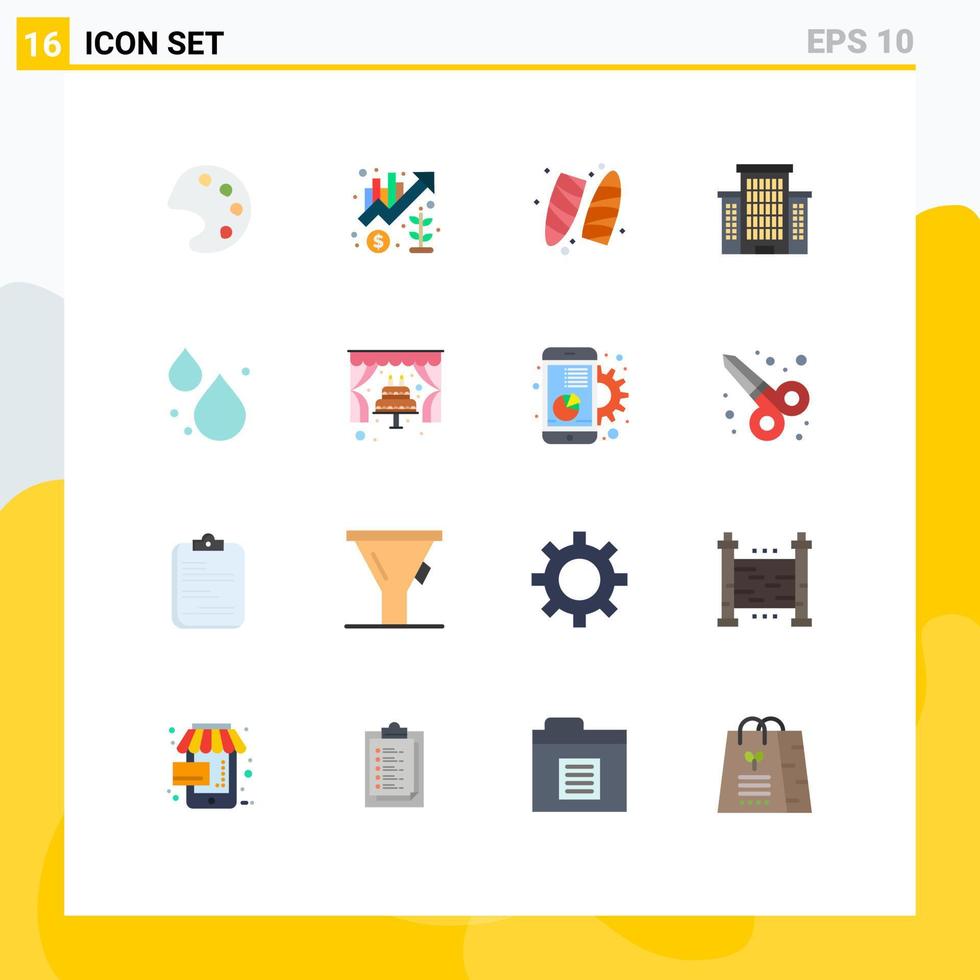 Mobile Interface Flat Color Set of 16 Pictograms of spring water recreation office building Editable Pack of Creative Vector Design Elements