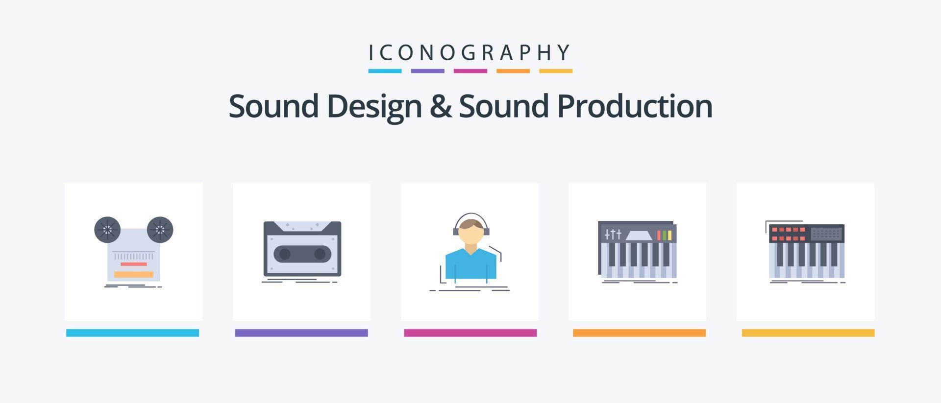 diseño de sonido y producción de sonido paquete de iconos planos 5 que incluye teclas. controlador. cinta. música. escuchar. diseño de iconos creativos vector