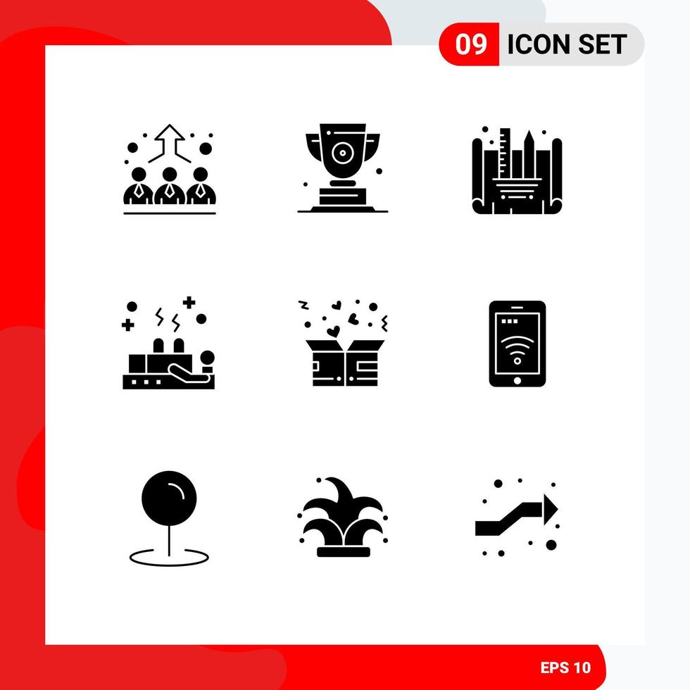 Group of 9 Solid Glyphs Signs and Symbols for donation wellness first therapy cupping Editable Vector Design Elements