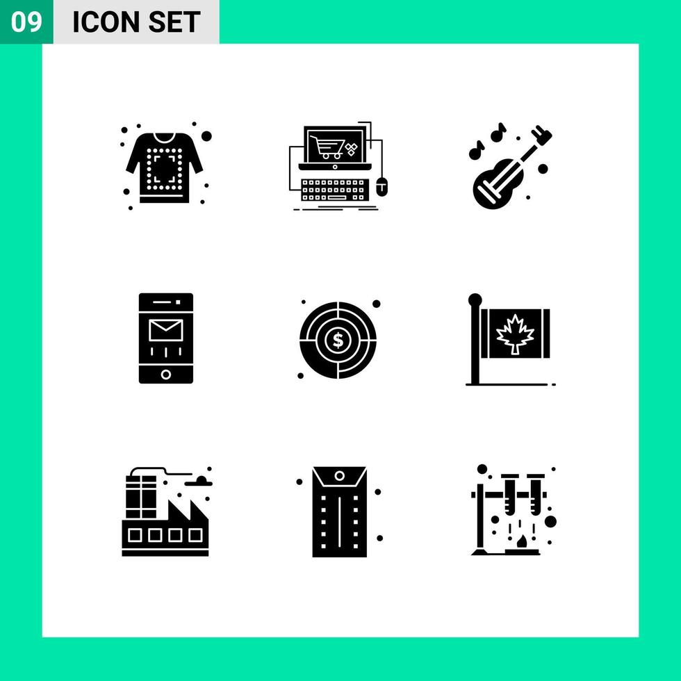 User Interface Pack of 9 Basic Solid Glyphs of aim mail game interface music Editable Vector Design Elements