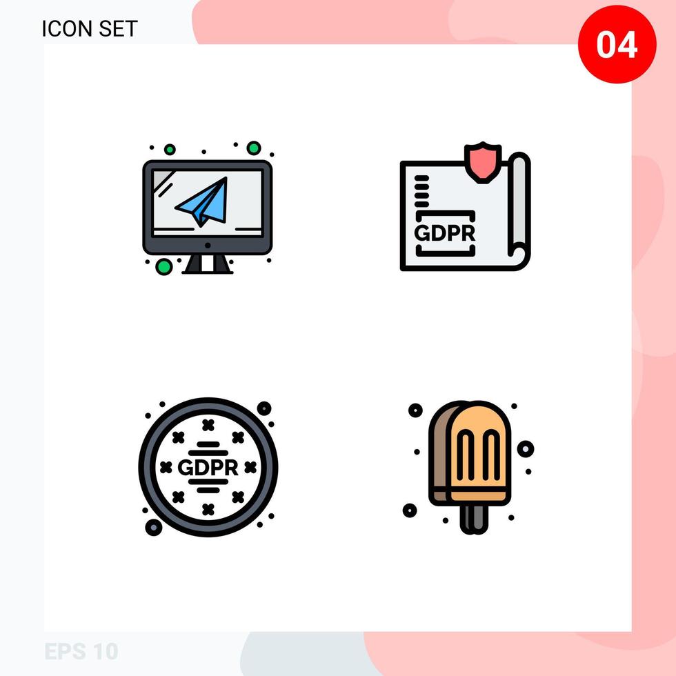 Pack of 4 Modern Filledline Flat Colors Signs and Symbols for Web Print Media such as computer gdpr mail lock regulations Editable Vector Design Elements