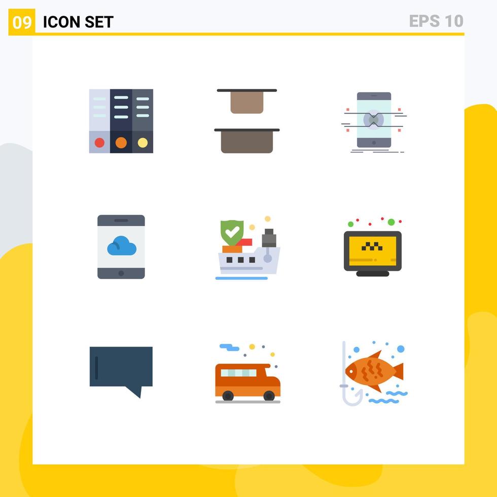 Group of 9 Flat Colors Signs and Symbols for online insurance mobile ship cloud Editable Vector Design Elements