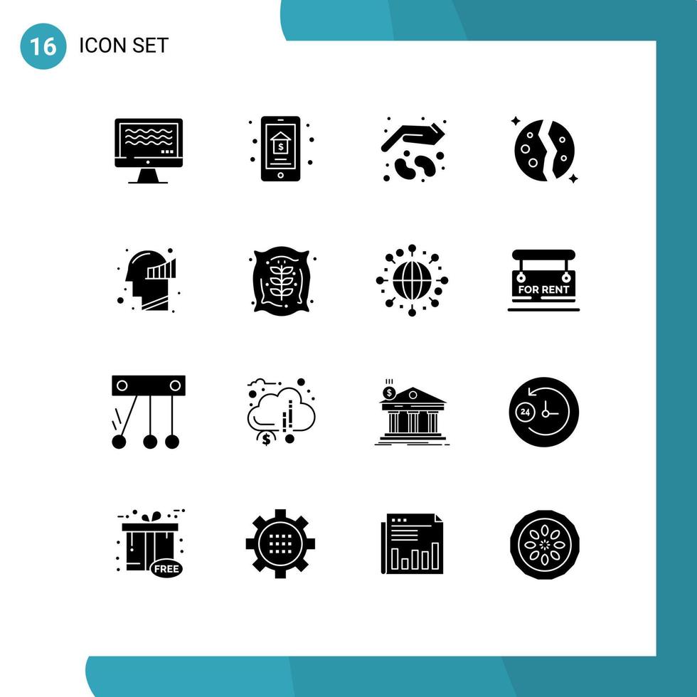 Solid Glyph Pack of 16 Universal Symbols of planet destroyed real estate astronomy seed Editable Vector Design Elements