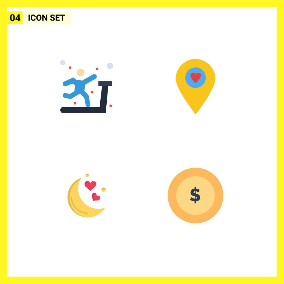 Modern Set of 4 Flat Icons Pictograph of exercise night treadmill map romantic night Editable Vector Design Elements