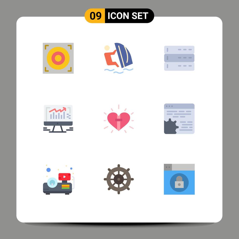 paquete de interfaz de usuario de 9 colores planos básicos de elementos de diseño de vector editables de computadora de administración de monitor de corazón