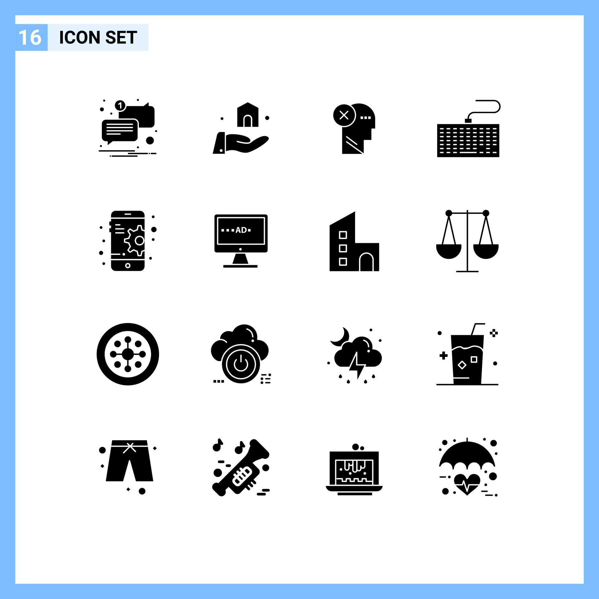 Pack of 16 creative Solid Glyphs of type keyboard failure hardware mind