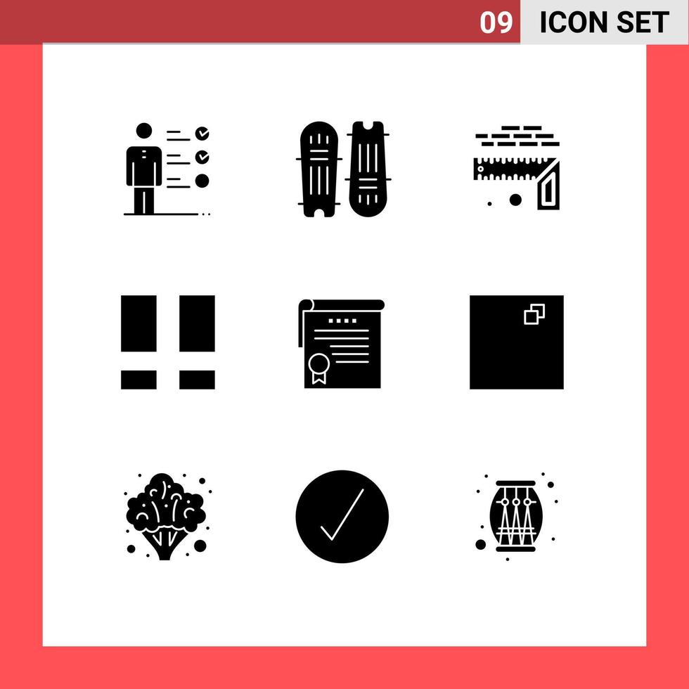 Set of 9 Commercial Solid Glyphs pack for certificate layout cricket stumps interface size Editable Vector Design Elements
