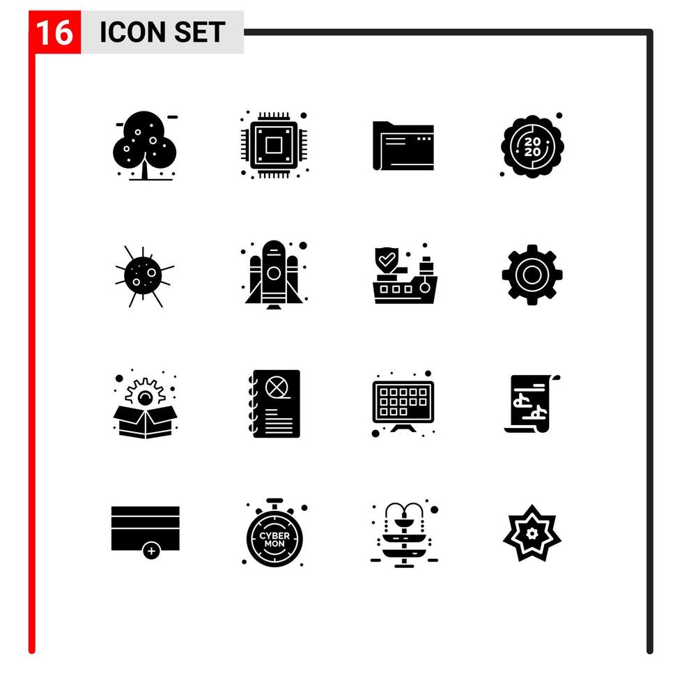 conjunto moderno de 16 glifos y símbolos sólidos, como elementos de diseño de vectores editables de archivo de etiqueta de archivo de año nuevo