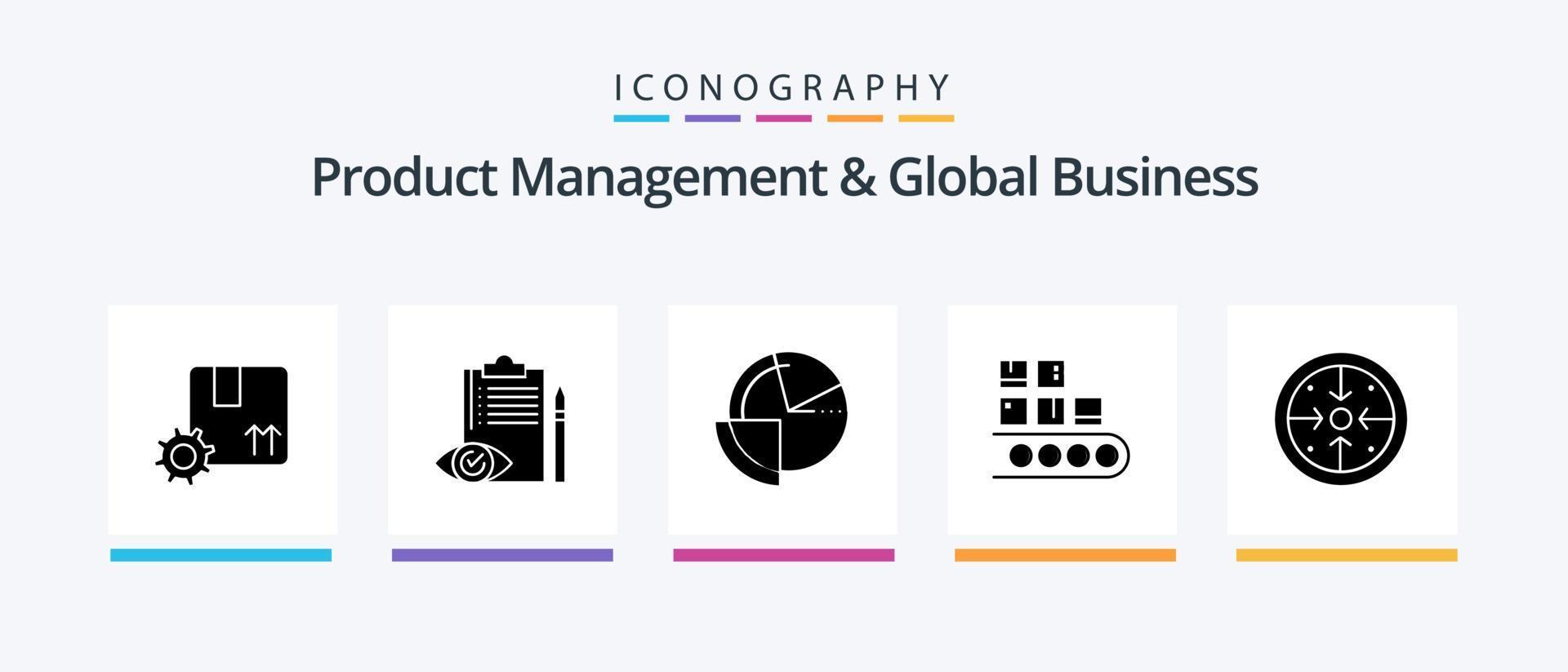 gestión de productos y paquete de iconos de glifo 5 de negocios globales, incluida la gestión. negocio. control. supervisión. datos. diseño de iconos creativos vector