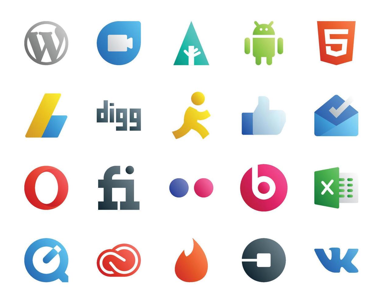 Paquete de 20 íconos de redes sociales que incluye quicktime beats pill digg flickr opera vector