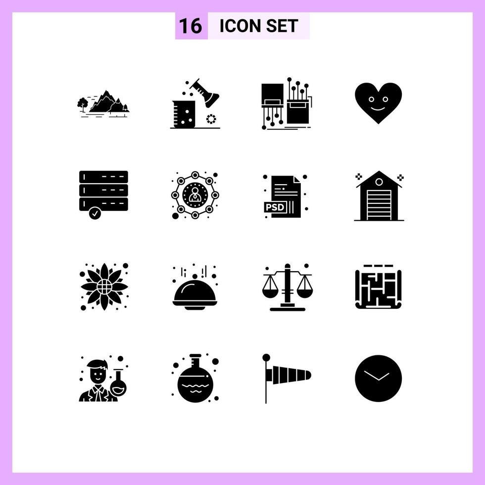 Mobile Interface Solid Glyph Set of 16 Pictograms of happy love science of matter cable electronic Editable Vector Design Elements