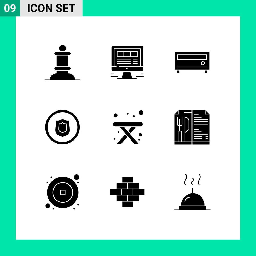 Universal Icon Symbols Group of 9 Modern Solid Glyphs of travel camping amplifier shield badge Editable Vector Design Elements
