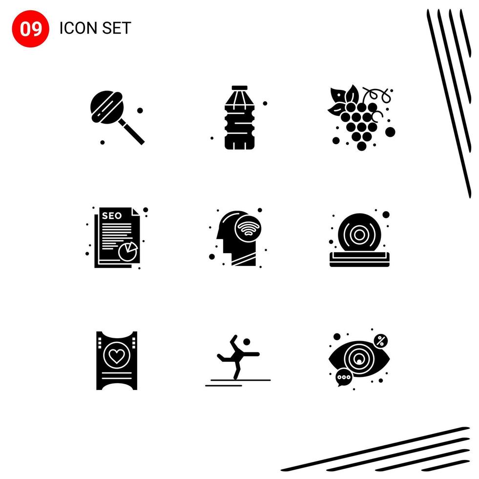 9 Thematic Vector Solid Glyphs and Editable Symbols of mind connect fruit data paper Editable Vector Design Elements