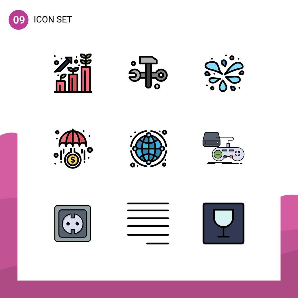 Set of 9 Commercial Filledline Flat Colors pack for network globe wavy pool investment growth Editable Vector Design Elements