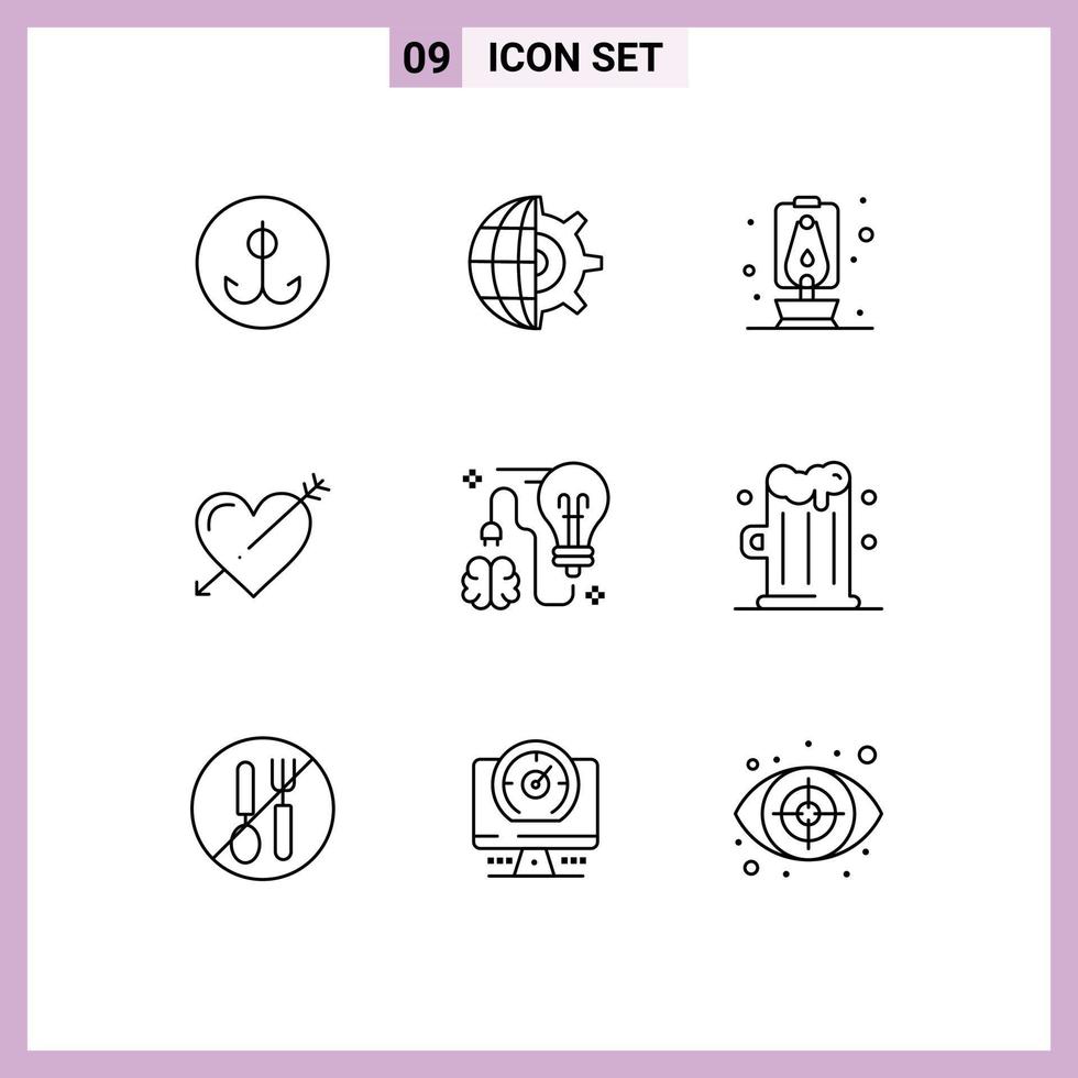 conjunto de 9 iconos de interfaz de usuario modernos símbolos signos para asaltar linterna de san valentín flecha de amor elementos de diseño vectorial editables vector
