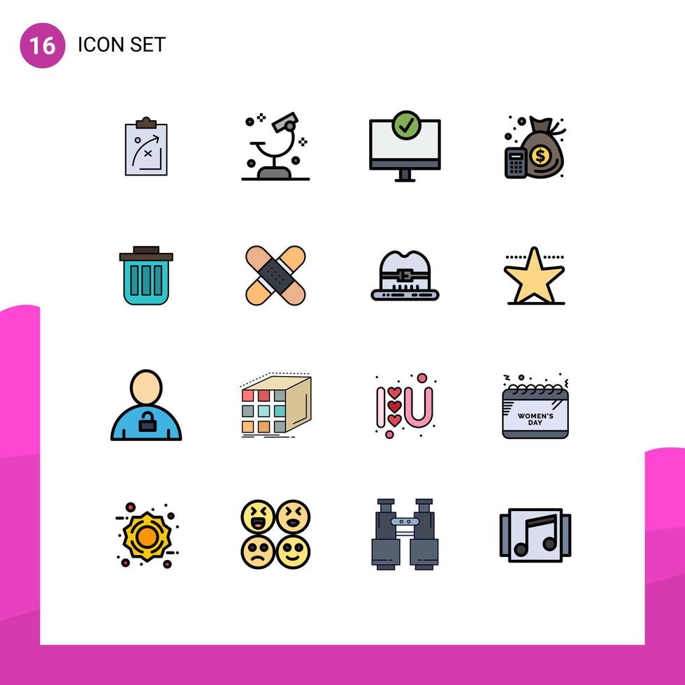 User Interface Pack of 16 Basic Flat Color Filled Lines of finance hardware microscope gadget connected Editable Creative Vector Design Elements