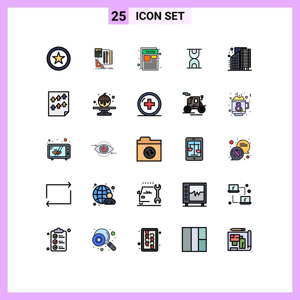 User Interface Pack of 25 Basic Filled line Flat Colors of district business page buildings hour Editable Vector Design Elements