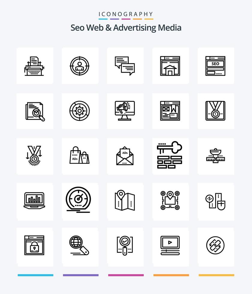 Creative Seo Web And Advertising Media 25 OutLine icon pack  Such As page. web. sms. sell. chat vector