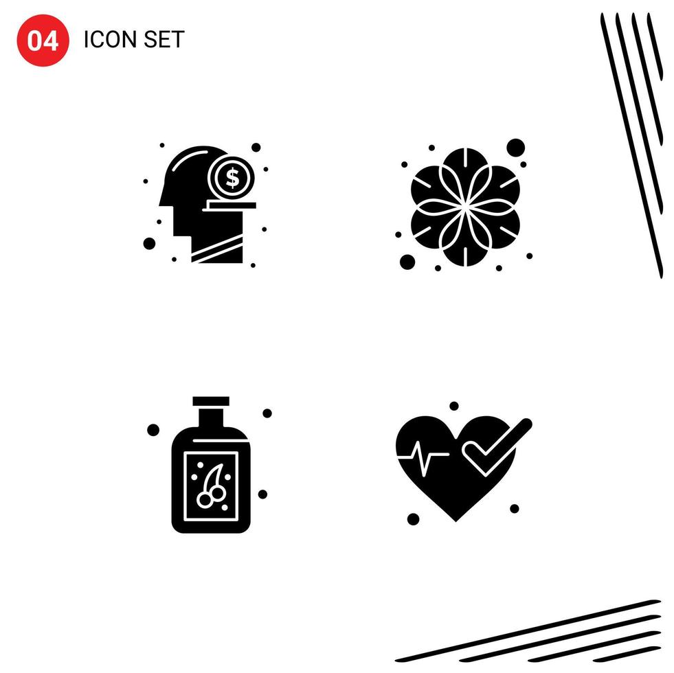 conjunto de 4 iconos de interfaz de usuario modernos signos de símbolos para elementos de diseño de vector editables de botella de flor de mente de baya de dólar