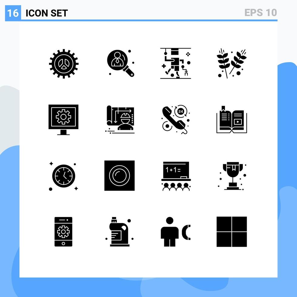 Mobile Interface Solid Glyph Set of 16 Pictograms of control garden search farming medical Editable Vector Design Elements