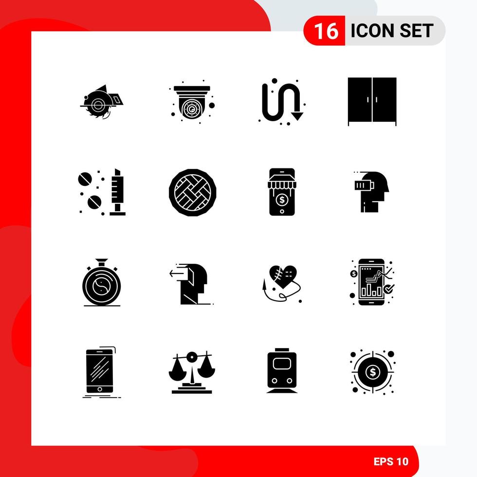 Pictogram Set of 16 Simple Solid Glyphs of drugs wardrobe security camera interior turning Editable Vector Design Elements