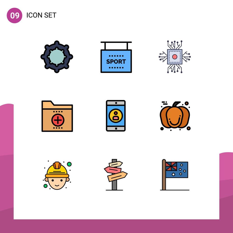 Group of 9 Modern Filledline Flat Colors Set for mobile office microchip folder documents Editable Vector Design Elements