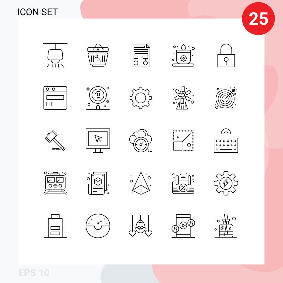 Set of 25 Modern UI Icons Symbols Signs for password lock lock paper lotus candle Editable Vector Design Elements