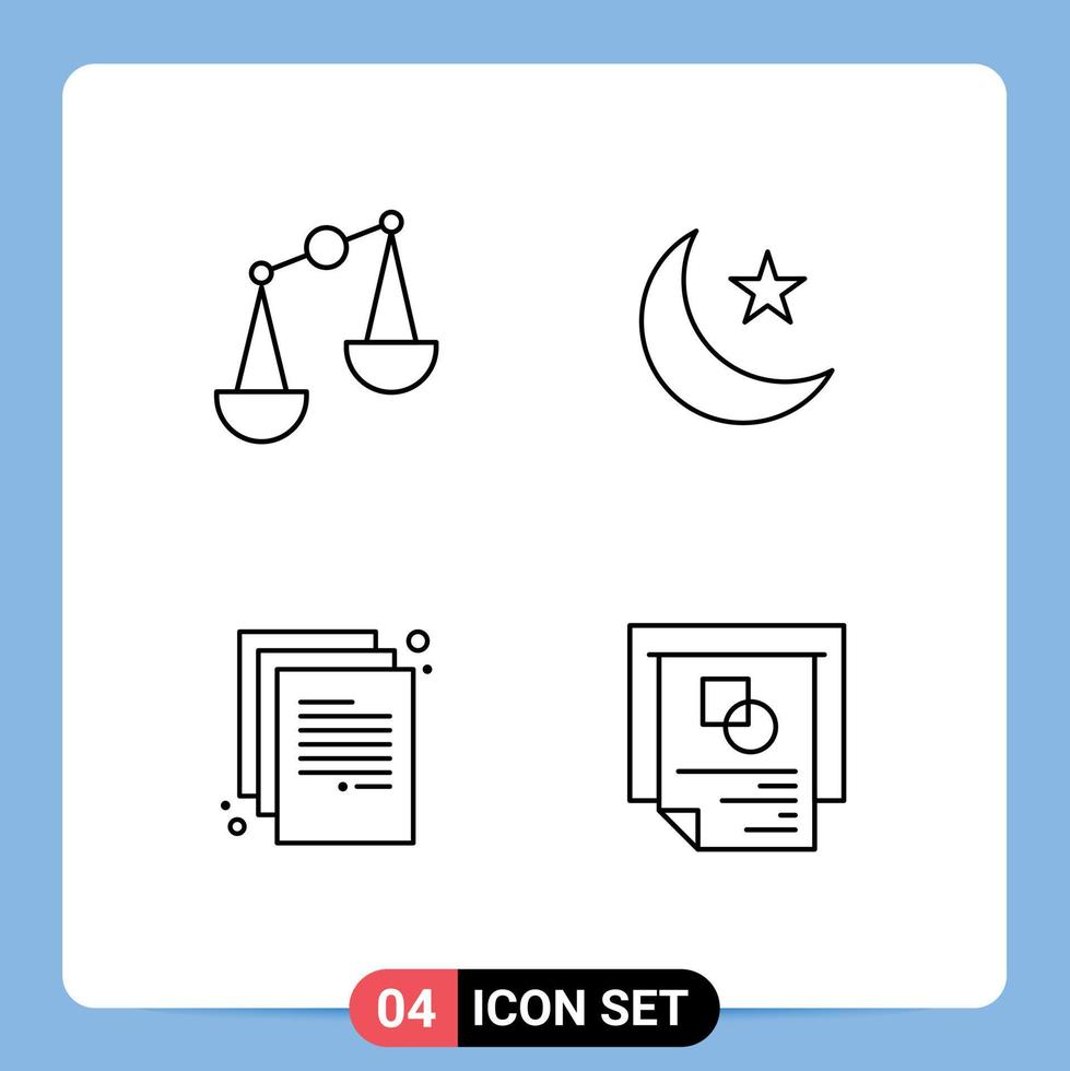 Mobile Interface Line Set of 4 Pictograms of balance document moon night graph Editable Vector Design Elements