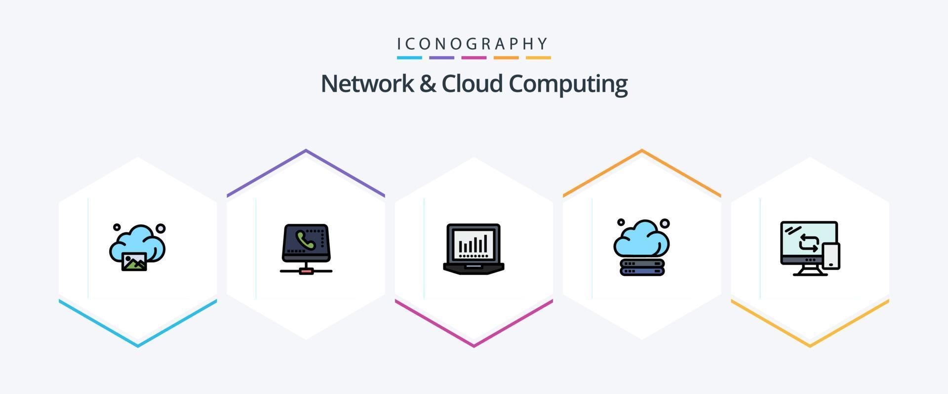 Network And Cloud Computing 25 FilledLine icon pack including mobile. technology. computing. storage. cloud vector