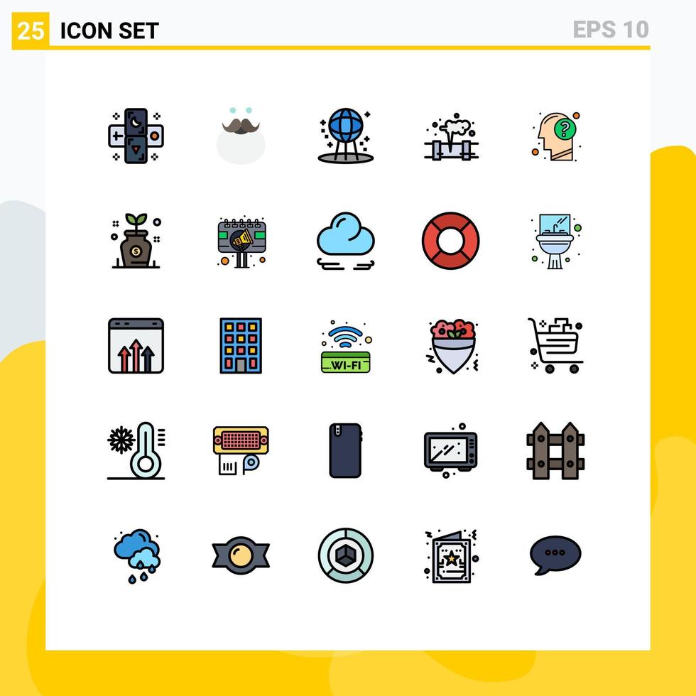 Set of 25 Vector Filled line Flat Colors on Grid for answer pollution beared leak world Editable Vector Design Elements