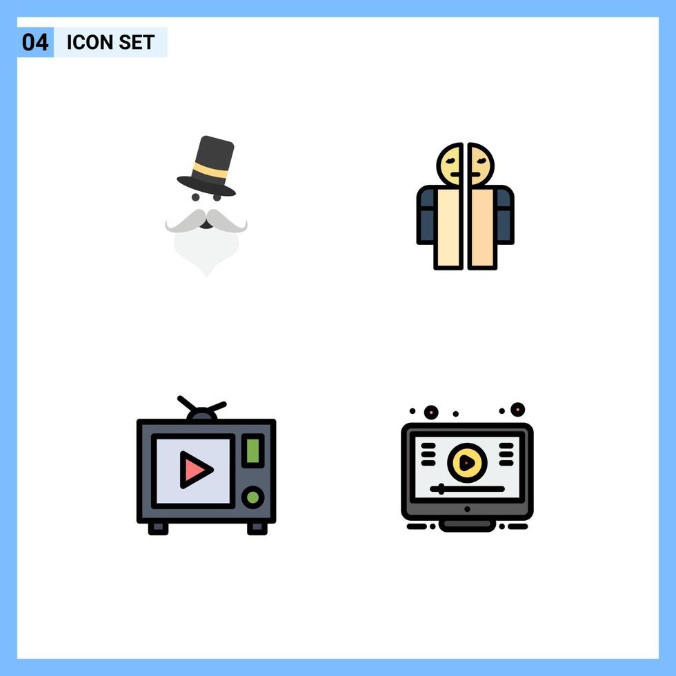 Pack of 4 Modern Filledline Flat Colors Signs and Symbols for Web Print Media such as moustache tv santa clause broken video Editable Vector Design Elements