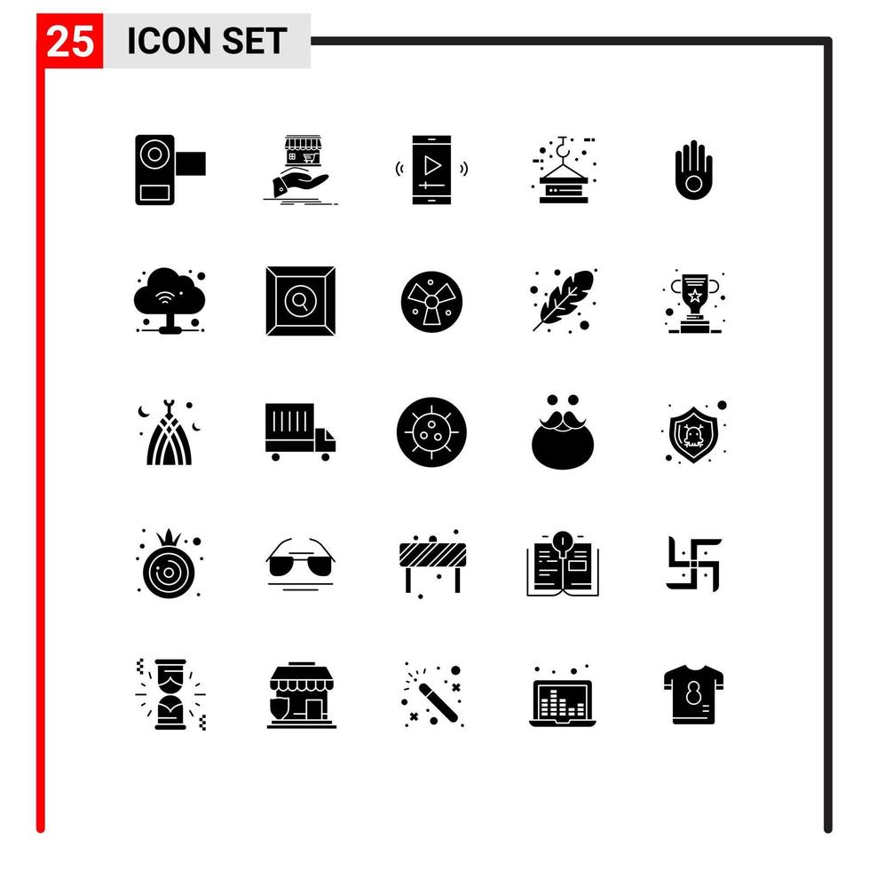 Group of 25 Solid Glyphs Signs and Symbols for lifting crane online video player app multimedia Editable Vector Design Elements