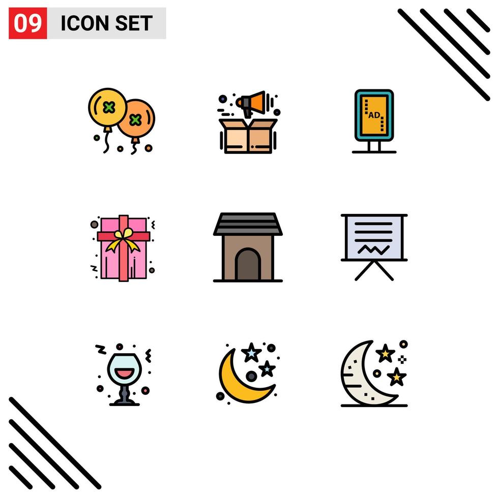 Set of 9 Vector Filledline Flat Colors on Grid for appliances apartment board present box Editable Vector Design Elements