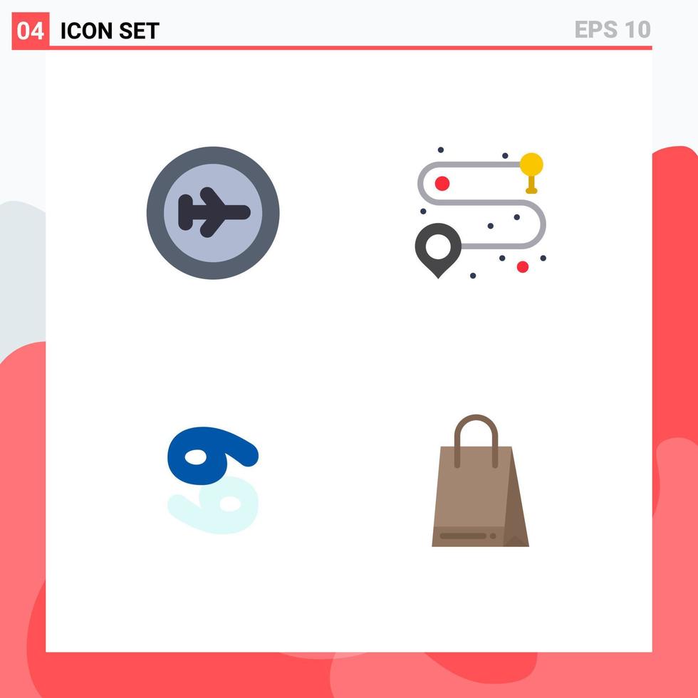 conjunto moderno de 4 iconos planos pictograma de bolsa de ruta de viaje zodiaco de playa elementos de diseño vectorial editables vector