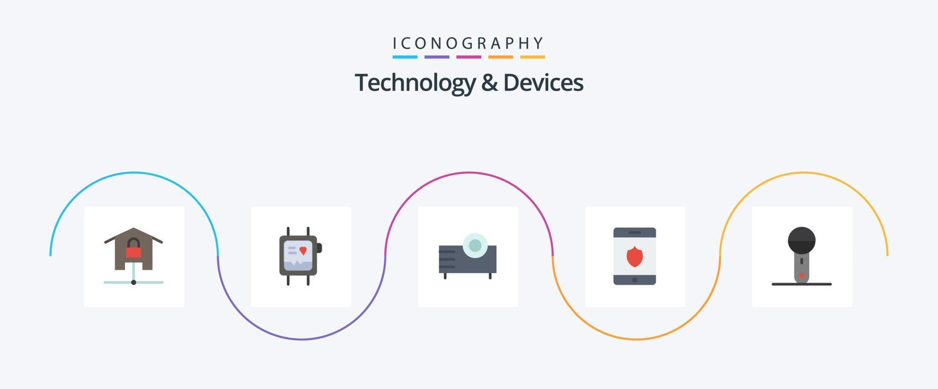 Devices Flat 5 Icon Pack Including devices. shield. watch. security. projector vector