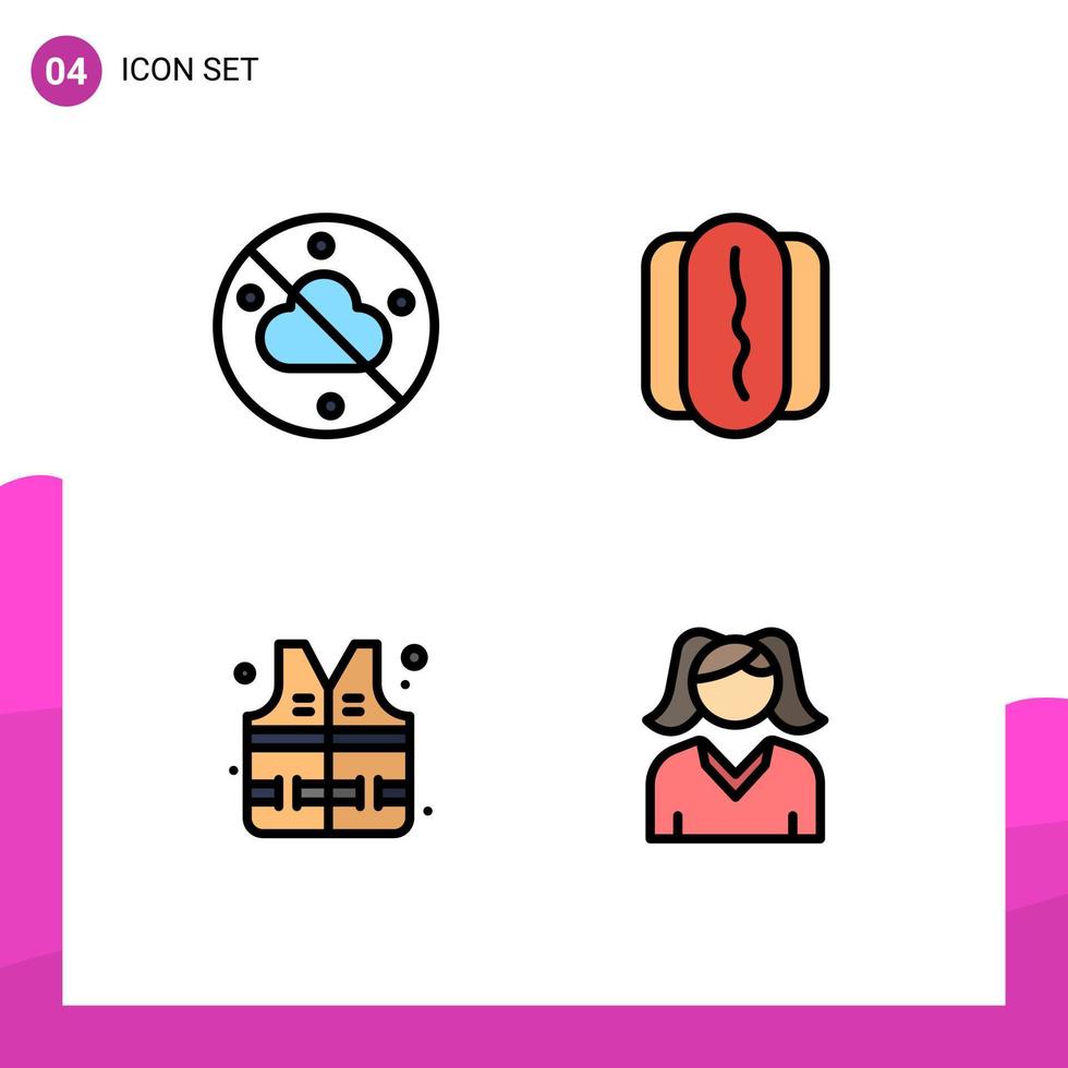 conjunto de 4 colores planos de línea de relleno de vector en cuadrícula para elementos de diseño de vector editables de chaleco salvavidas de comida femenina sin nubes